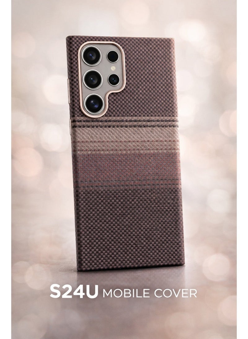 جراب سامسونج جالاكسي إس 24 ألترا - غطاء حماية رفيع بتصميم متدرج من نسيج الكربون الفاخر، يدعم الشحن اللاسلكي وحلقة معدنية للكاميرا - Image 1